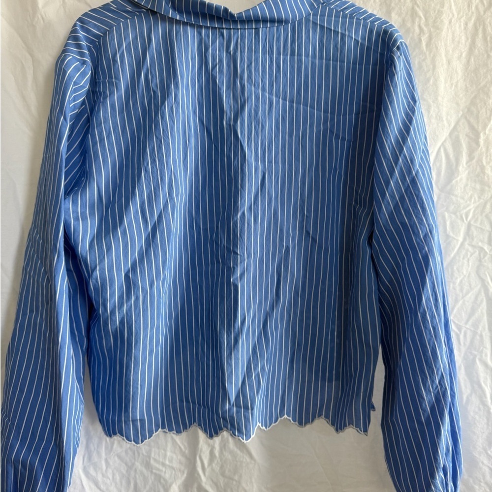 Zara Blue Striped Button Embroidered Lace
Cropped Boyfriend Blouse Size Large - Picture 11 of 11